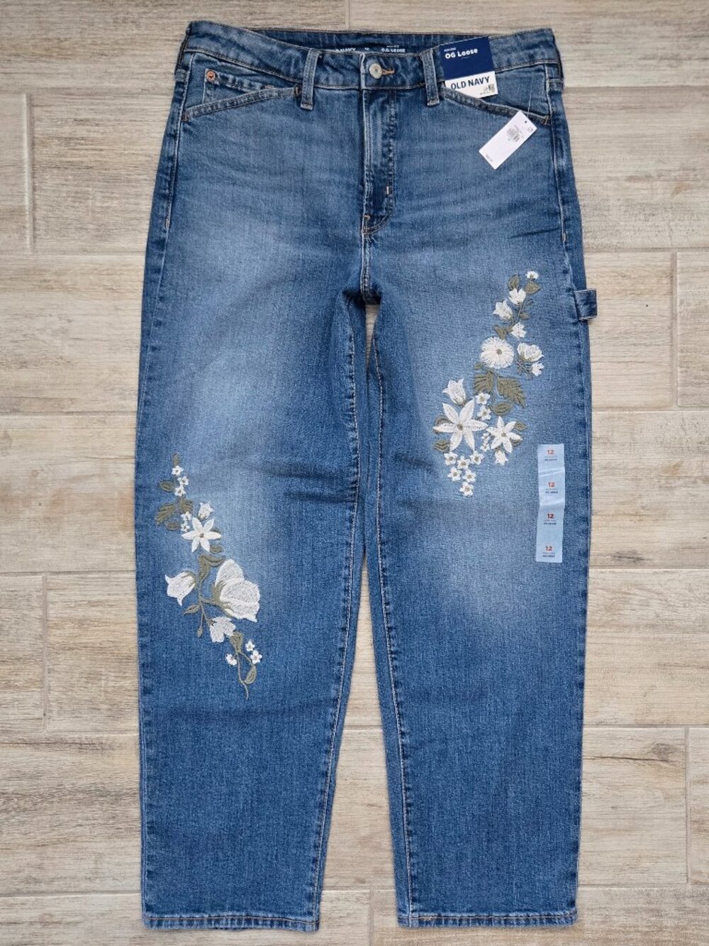 NWT Old Navy High Rise OG Loose Jeans Embroidered Floral Carpenter Cottage 12